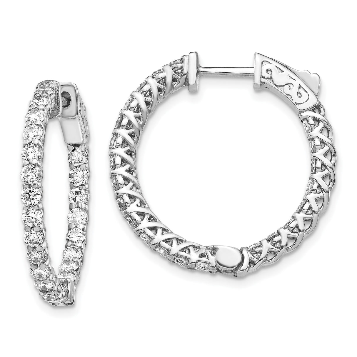 14k White Gold Diamond Hoop Earrings with Inside-Out Design and Filigree Lattice Pattern