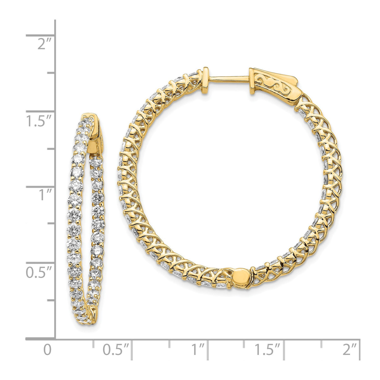14k Yellow Gold Hoop Earrings with Double Row Round Cut Diamonds, Lattice Design