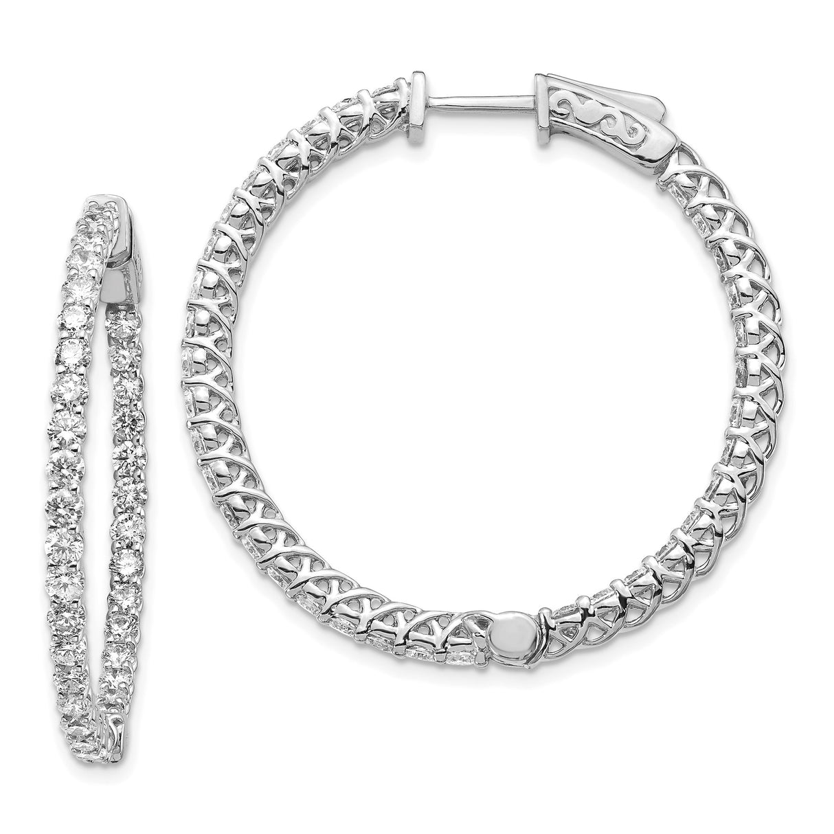14k White Gold Hoop Earrings with Diamond-Cut Detailing and Cubic Zirconia