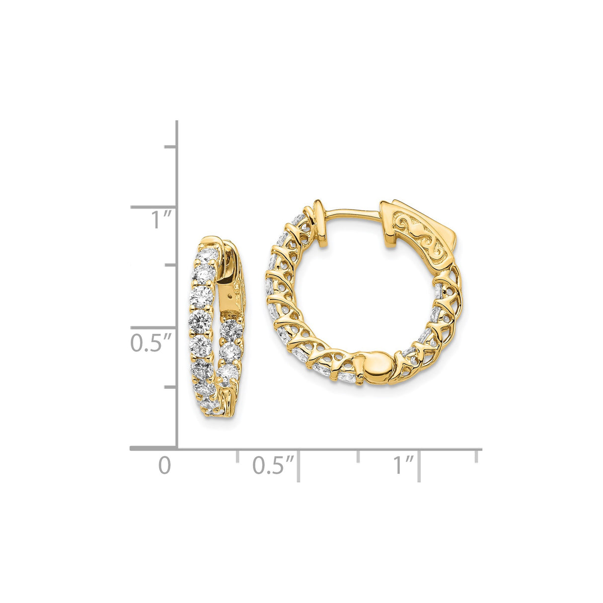 14K Yellow Gold Hoop Earrings Round Cut Diamond Accents Pave Filigree
