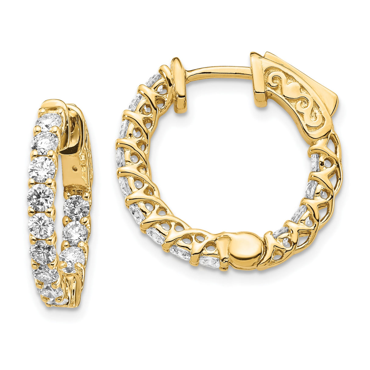 14k Yellow Gold Hoop Earrings for Women with Round Cut Cubic Zirconia in Pave Setting, Intricate Filigree Design, Elegant Fine Jewelry for Formal Wear, Luxury Dainty Hoops for Special Occasions