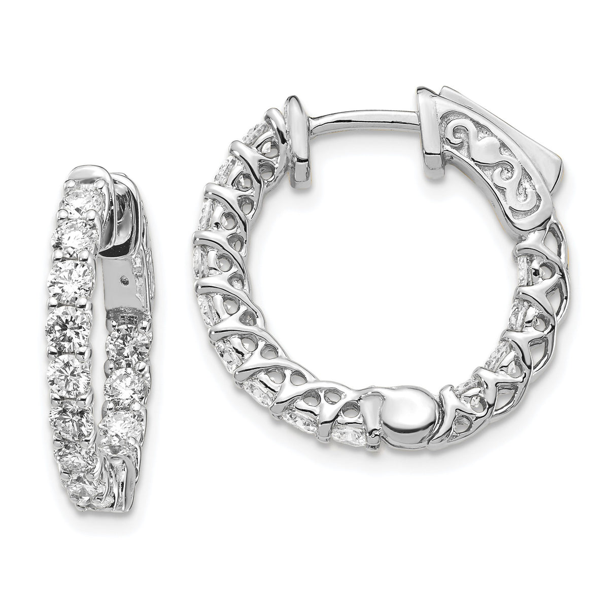 14k White Gold Diamond Hoop Earrings with Crisscross and Filigree Design