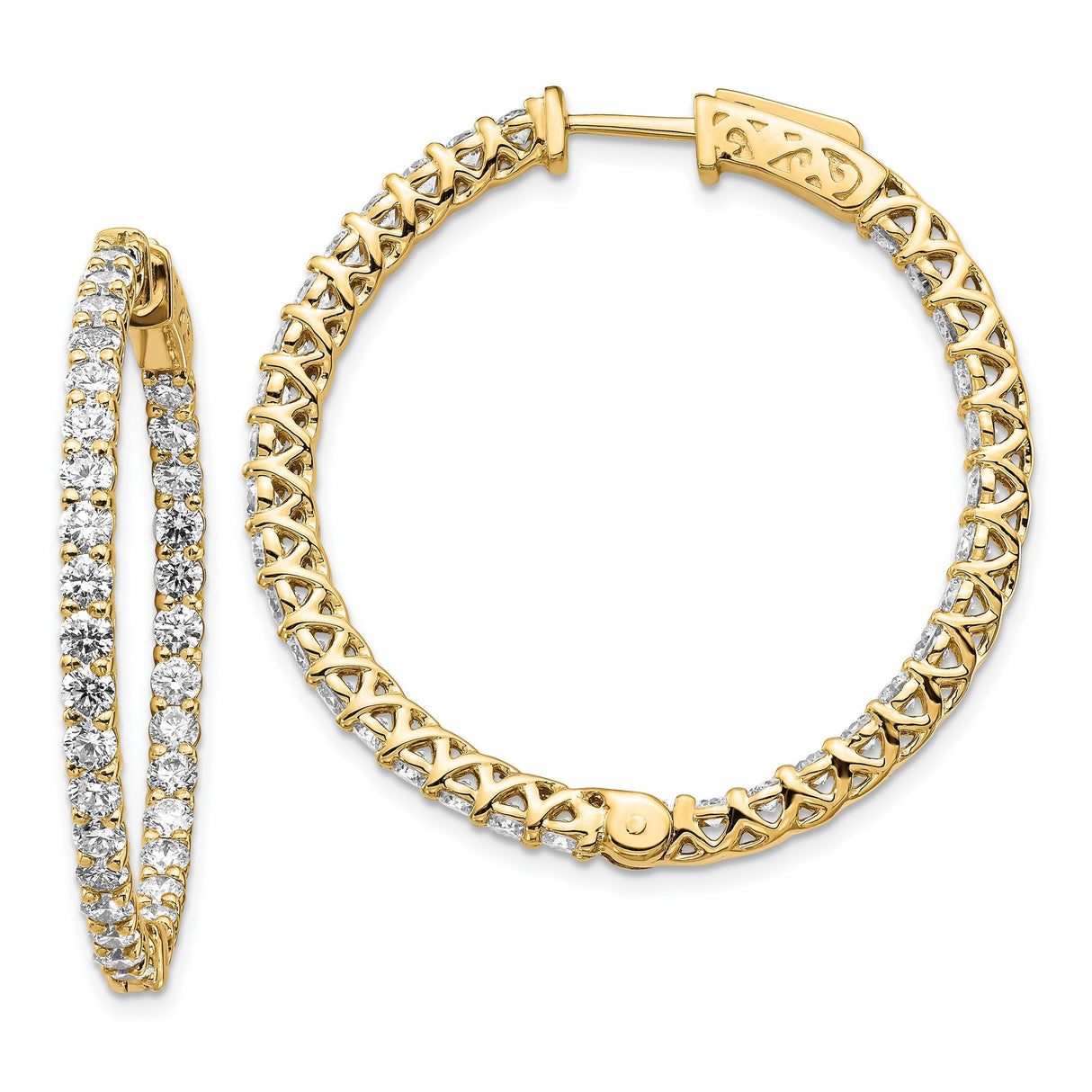 14k Yellow Gold Hoop Earrings with Cubic Zirconia, Inside-Out Lattice Design, High Polish Finish
