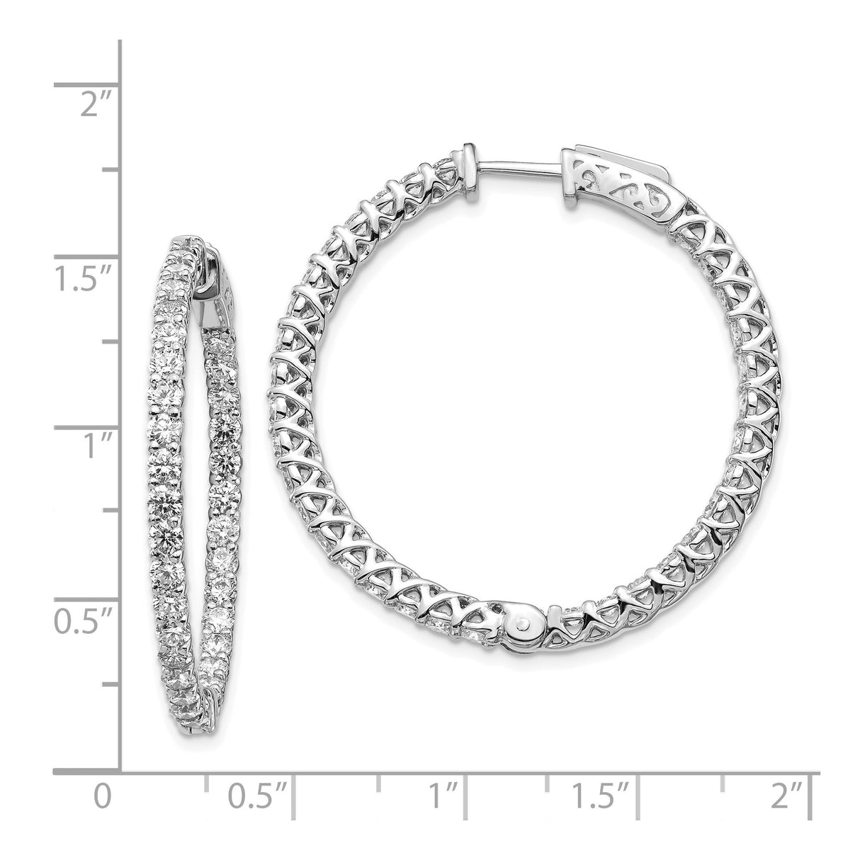 14k White Gold Hoop Earrings with Round Cut Diamonds, Open Lattice Design, Safety Clasp