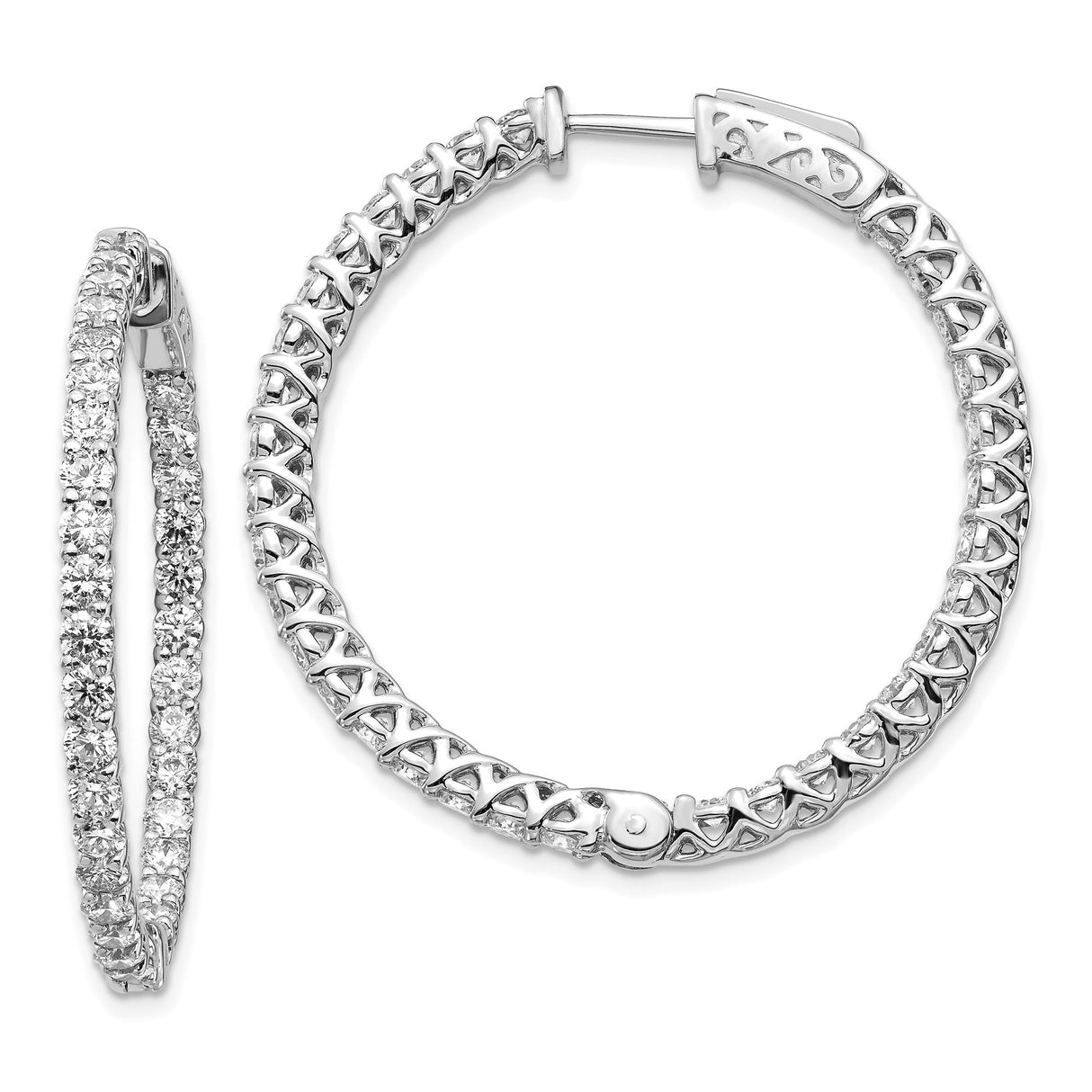 14k White Gold Hoop Earrings with Round Cut Diamonds, Open Lattice Design, Safety Clasp