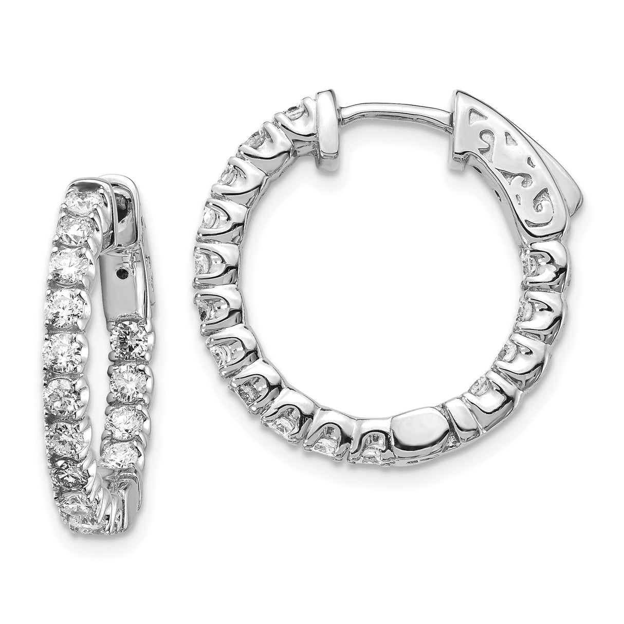 14k White Gold Hoop Earrings with Round Cubic Zirconia, Inner and Outer Sparkle Design