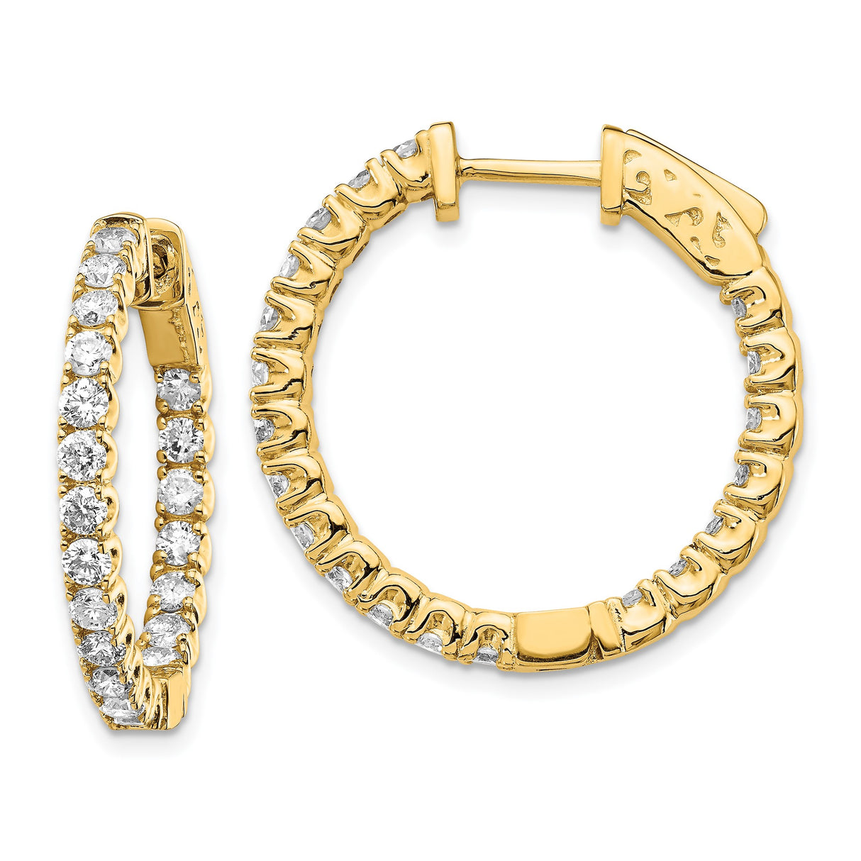 14k Yellow Gold Hoop Earrings with Diamonds, Inside-Out Classic Design for Women