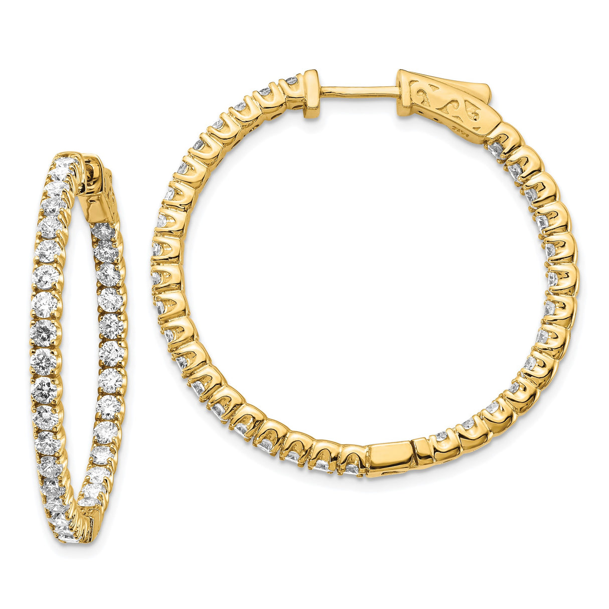 14k Yellow Gold Inside-Out Hoop Earrings with Diamond Accents, Classic Sparkle Design for Women