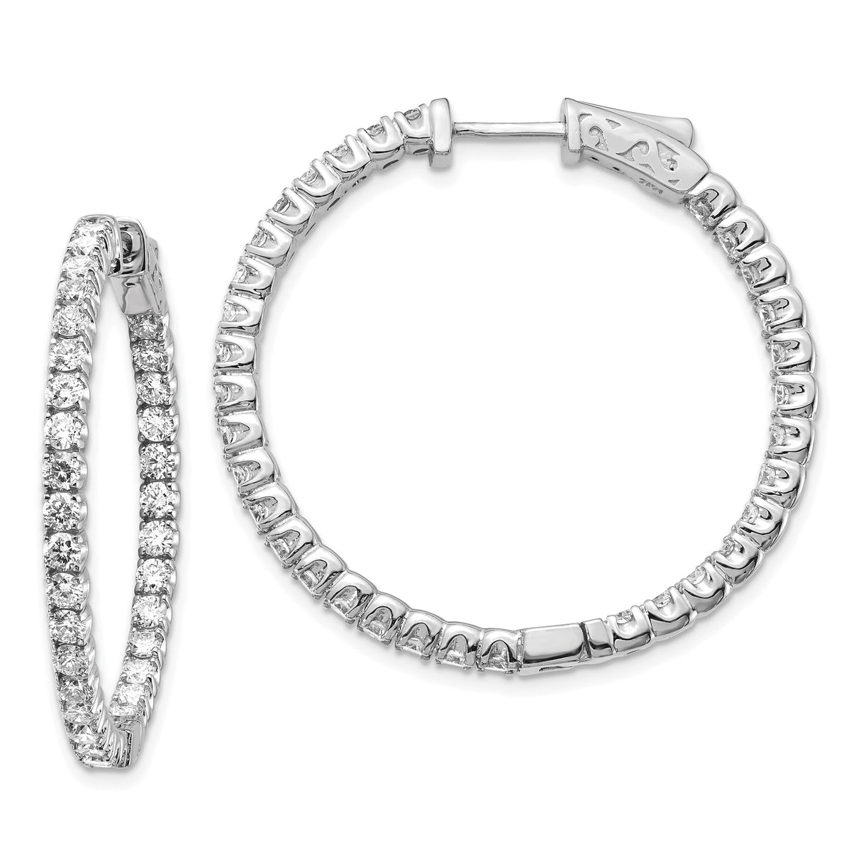 14k White Gold Hoop Earrings with Round-Cut Diamond Accents, Inside-Out Design, Secure Clasp