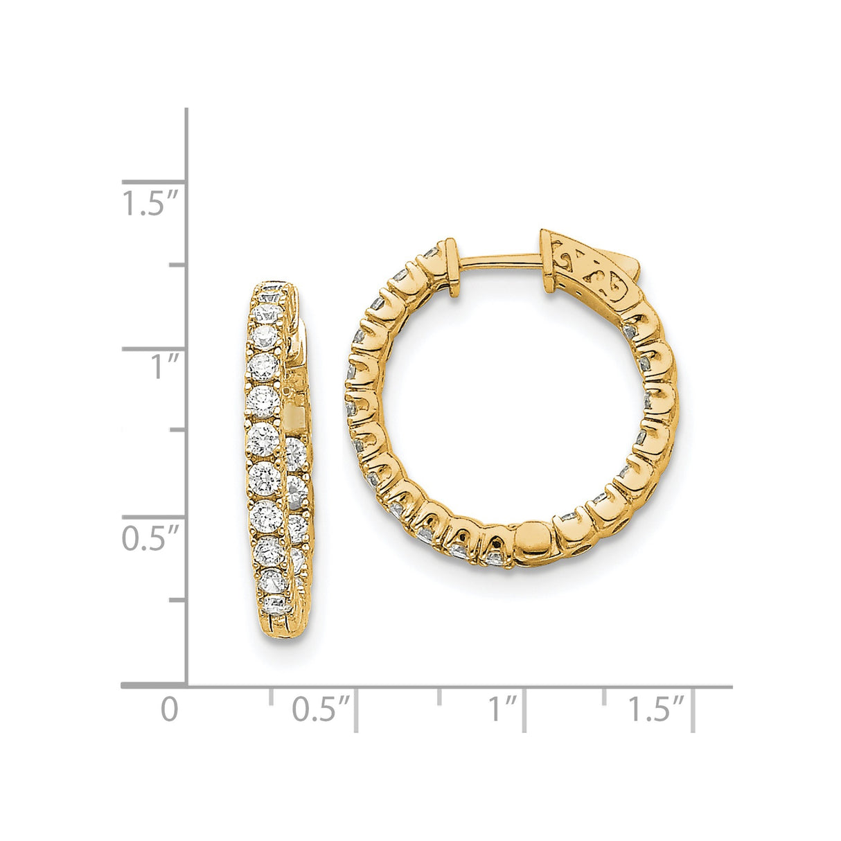 14k Yellow Gold Hoop Earrings with Round Cut Diamonds, Polished Lightweight Design