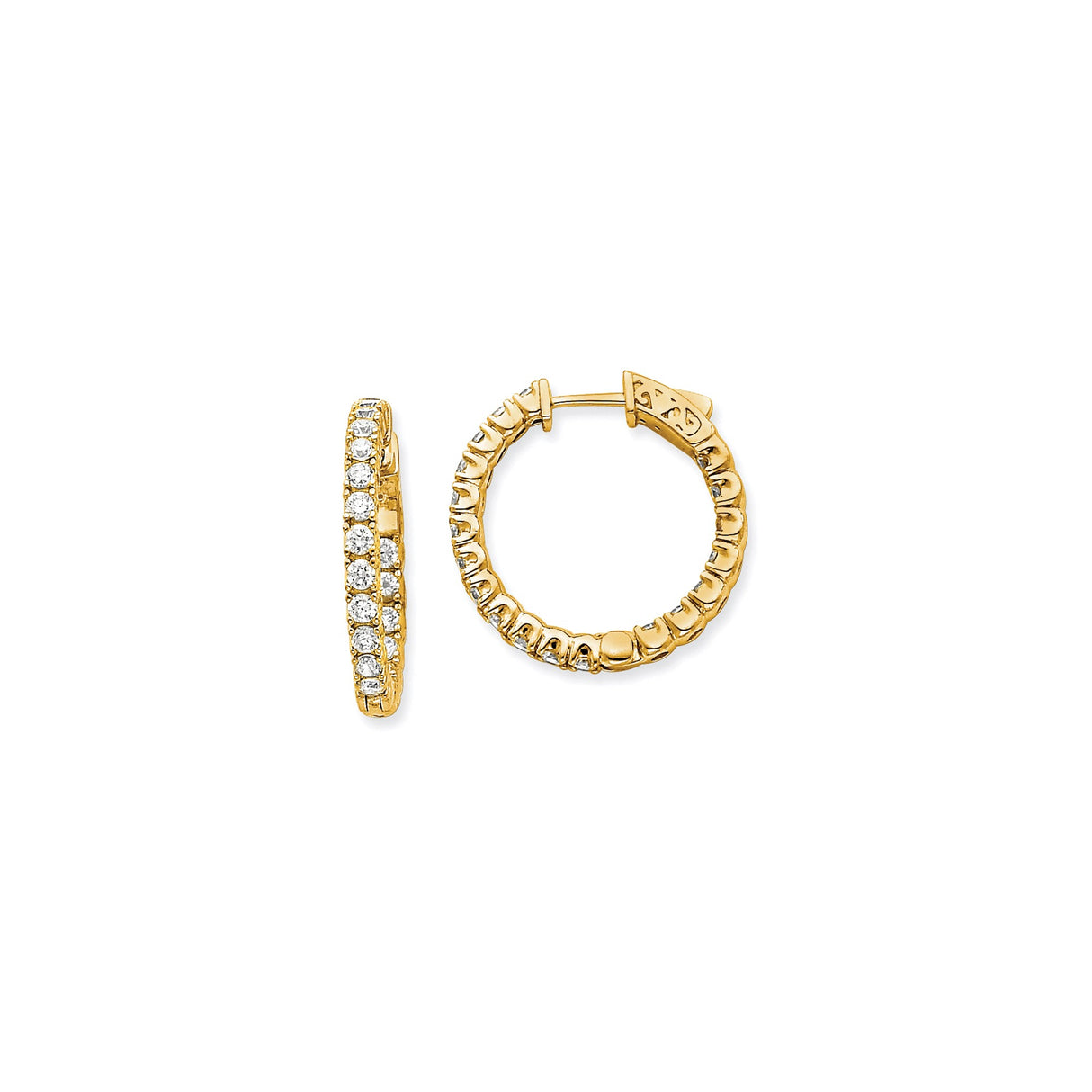 14k Yellow Gold Hoop Earrings with Round Cut Cubic Zirconia, Polished Lightweight Design