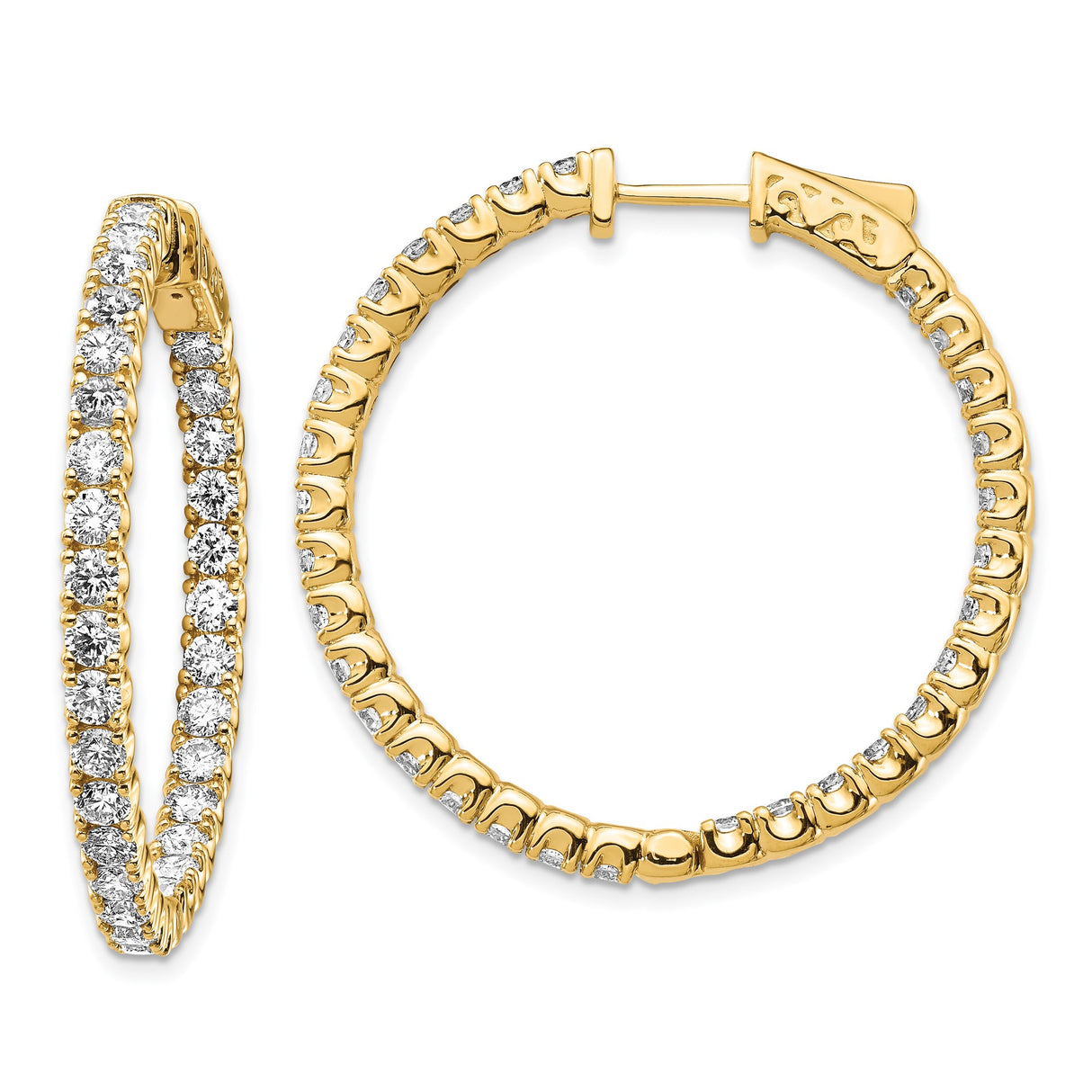 14k Yellow Gold Hoop Earrings with Round Cut Cubic Zirconia, Inside-Out Full Circle Design