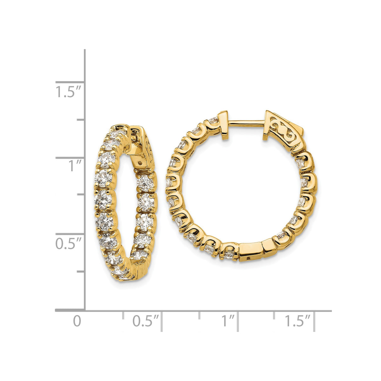 14k Yellow Gold Hoop Earrings with Round Cut Diamonds, Shared Prong Setting, High Polish Finish