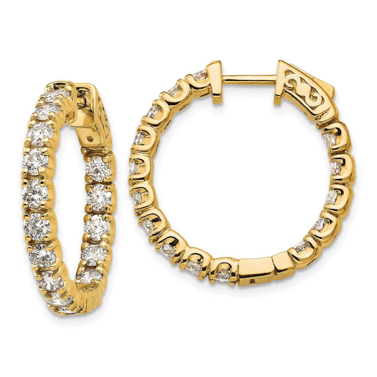 14k Yellow Gold Hoop Earrings with Round Cut Diamonds, Shared Prong Setting, High Polish Finish