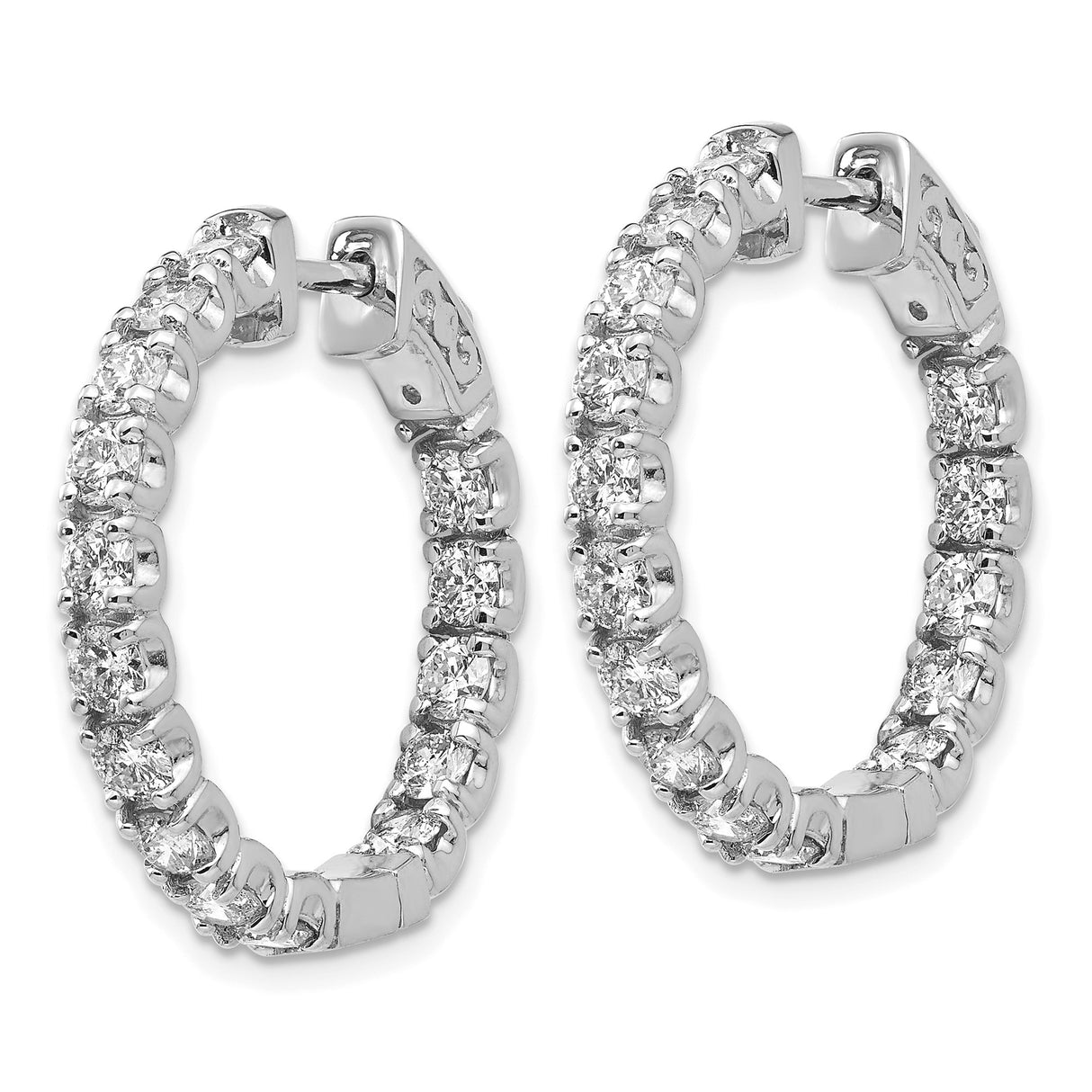 14k White Gold Diamond Hoop Earrings, Round Cut, Shared Prong Setting, Classic Style
