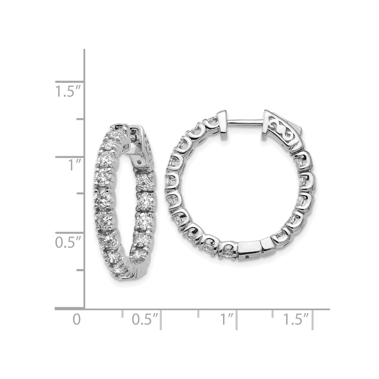 14k White Gold Diamond Hoop Earrings, Round Cut, Shared Prong Setting, Classic Style