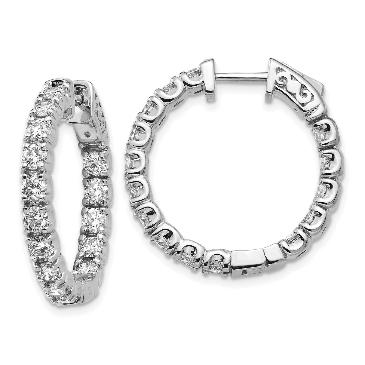 14k White Gold Diamond Hoop Earrings, Classic Round Prong Set with Scroll Clasp Design