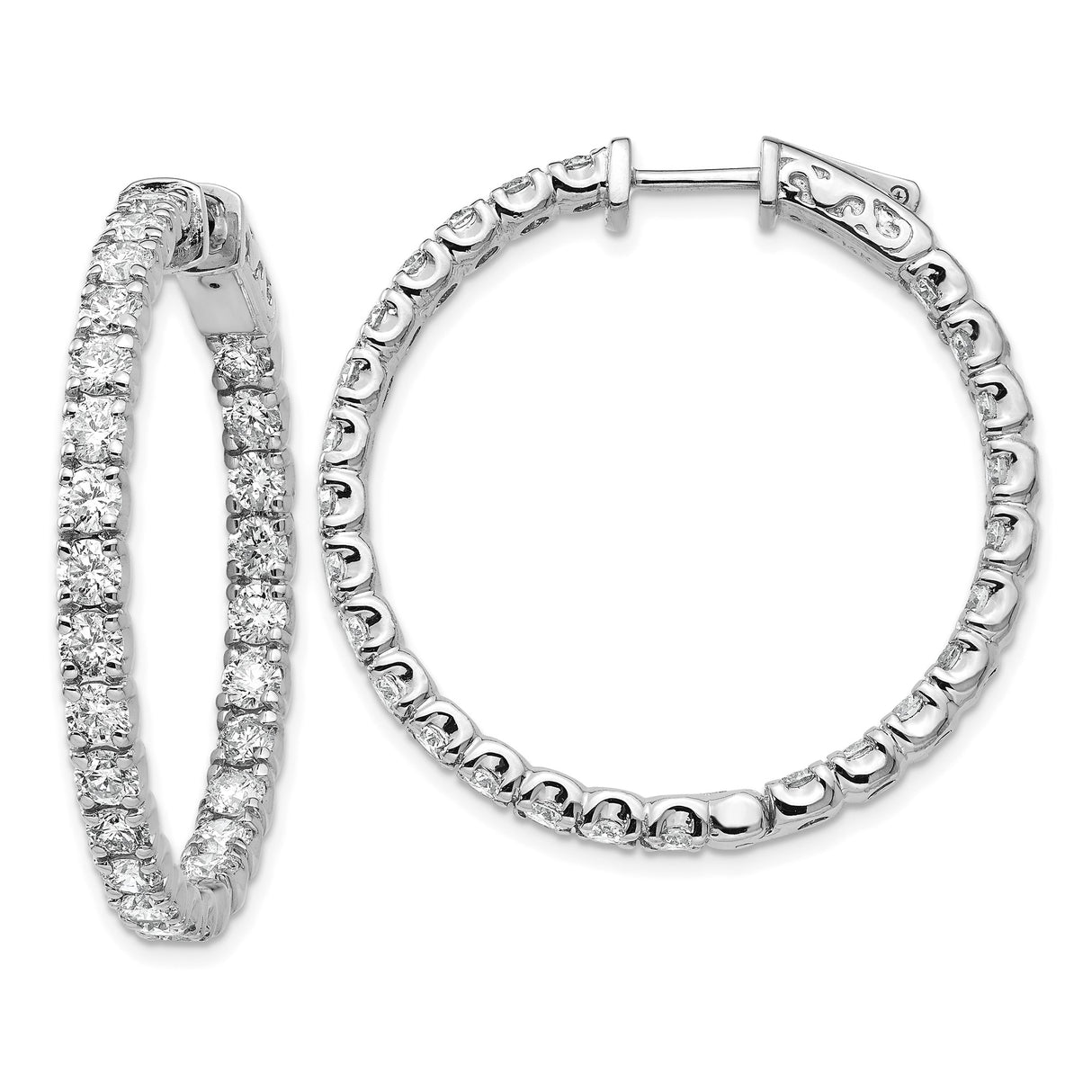 14k White Gold Diamond Hoop Earrings, Prong Set Round Cut, Full Circle Design