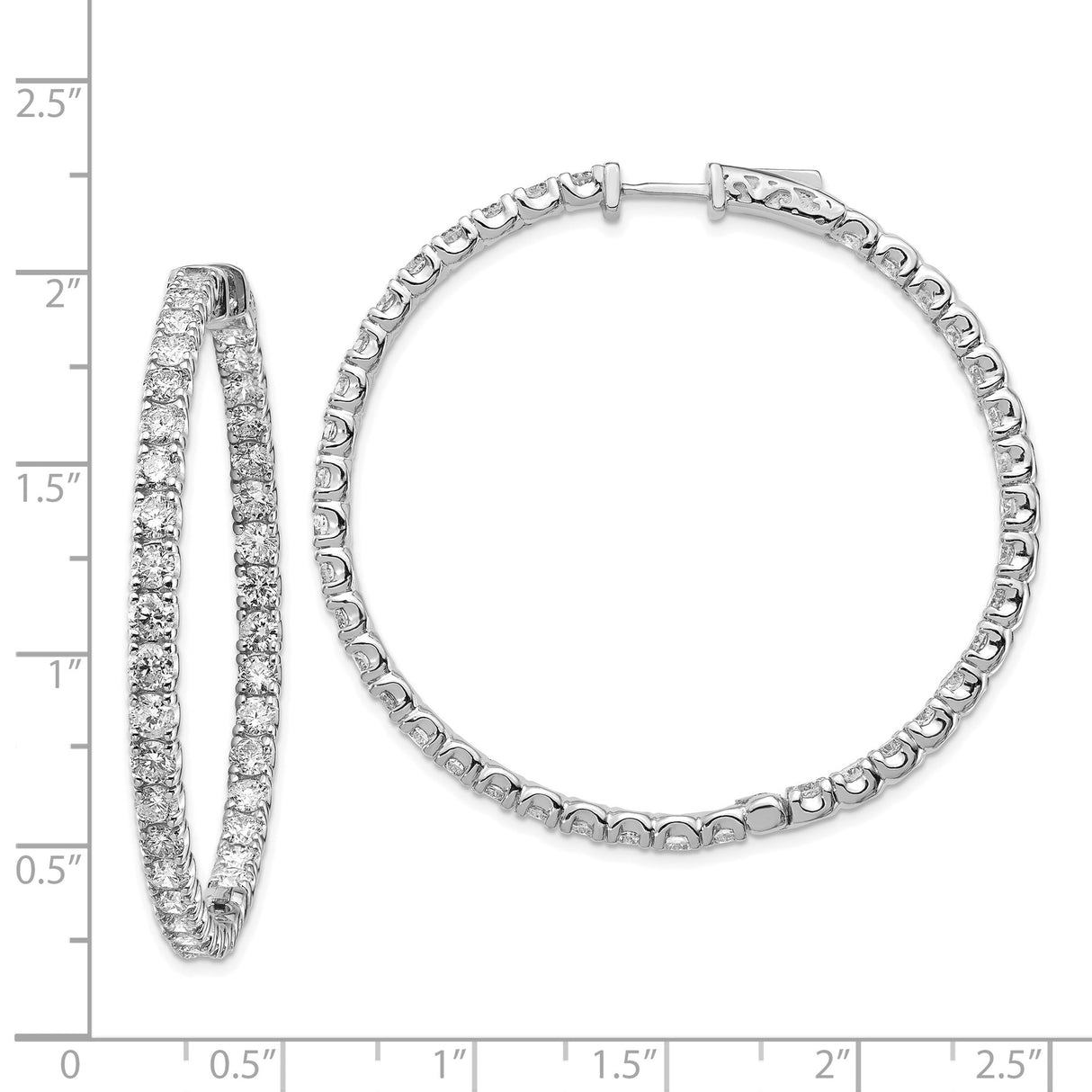 14k White Gold Hoop Earrings with Round Cut Diamonds, Full Circle Prong Set Design