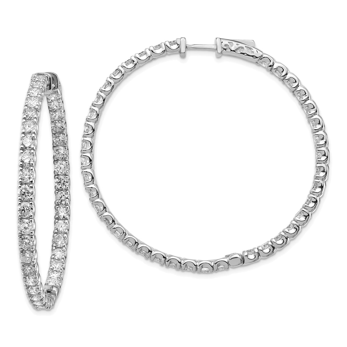 14k White Gold Hoop Earrings with Round Cut Diamonds, Full Circle Prong Set Design