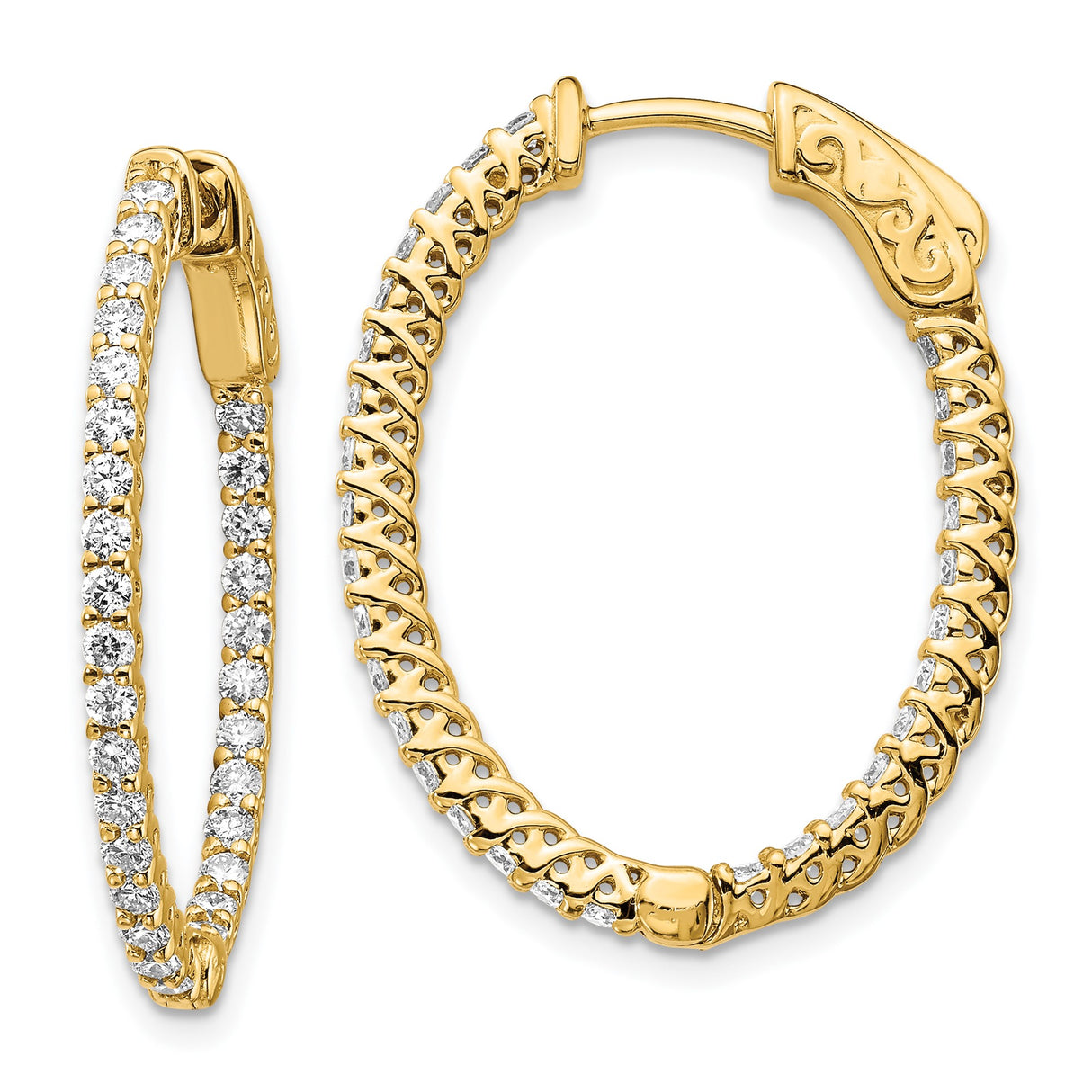 14k Yellow Gold Hoop Earrings with Diamond-Cut Crossover Lattice Design and Cubic Zirconia