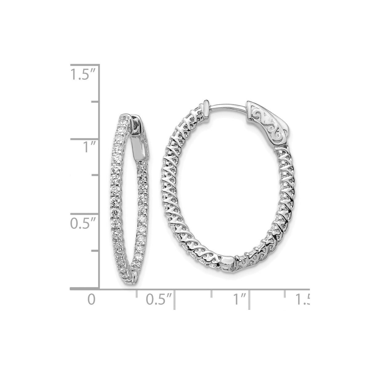 14k White Gold Hoop Earrings with Inside-Out Diamond Setting, Scrollwork Design, Oval Shape