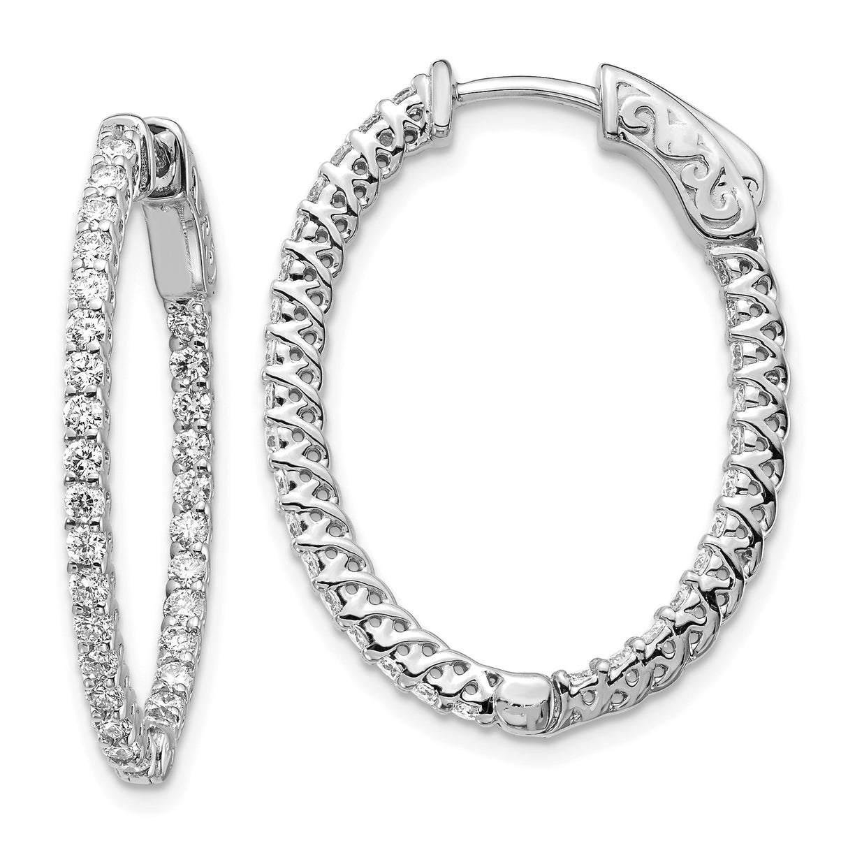 14k White Gold Hoop Earrings with Inside-Out Diamond Setting, Scrollwork Design, Oval Shape