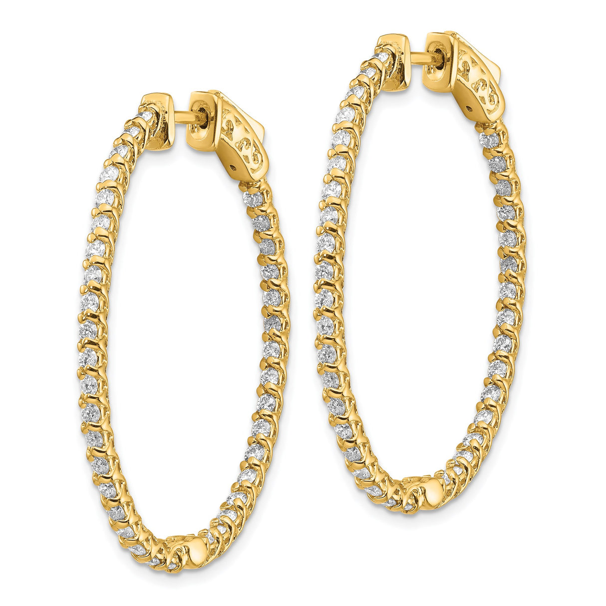 14k Yellow Gold Hoop Earrings with Diamonds, Inside-Out Oval Design, Lattice Sides, Hinged Clasp