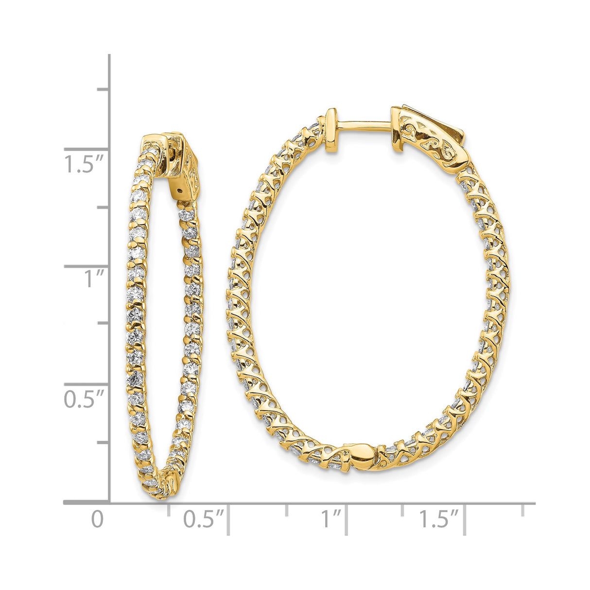 14k Yellow Gold Hoop Earrings with Diamonds, Inside-Out Oval Design, Lattice Sides, Hinged Clasp