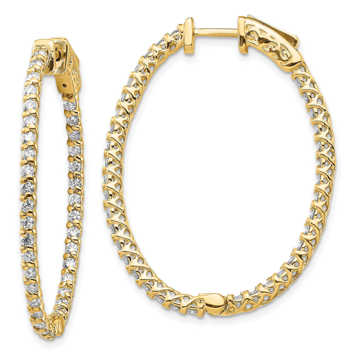 14k Yellow Gold Hoop Earrings with Diamonds, Inside-Out Oval Design, Lattice Sides, Hinged Clasp