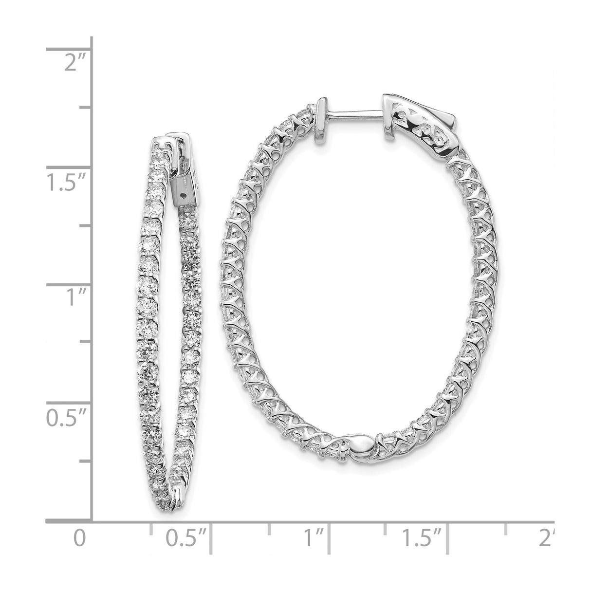 14k White Gold Hoop Earrings with Round Cut Diamonds, Prong Set Full Circle Oval Design