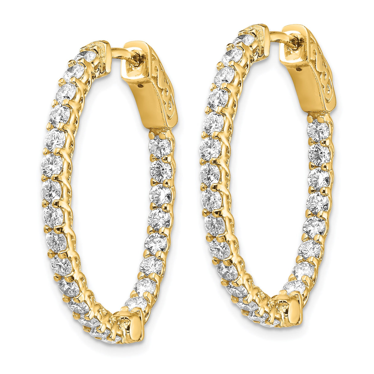 14k Yellow Gold Hoop Earrings with Diamonds, Inside-Out Oval Design, Filigree and Crisscross Detail