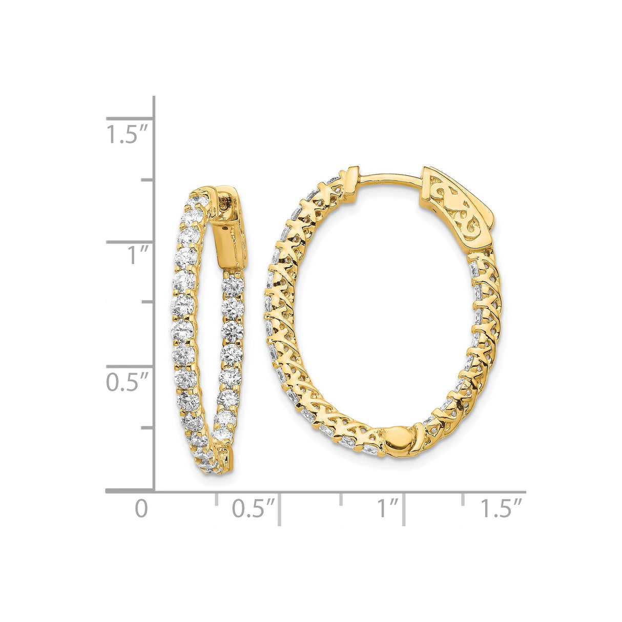 14k Yellow Gold Hoop Earrings with Diamonds, Inside-Out Oval Design, Filigree and Crisscross Detail