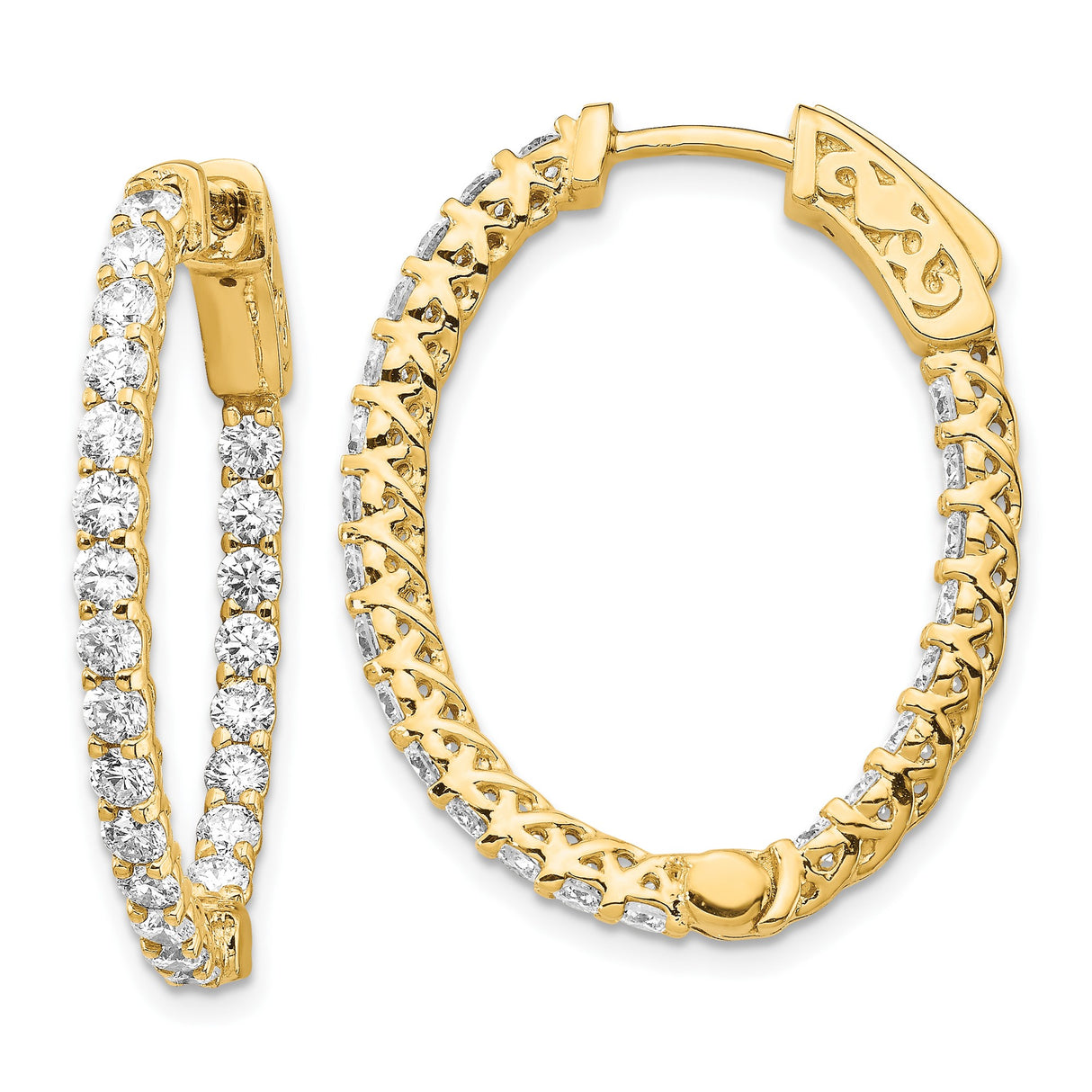 14k Yellow Gold Hoop Earrings with Diamonds, Inside-Out Oval Design, Filigree and Crisscross Detail