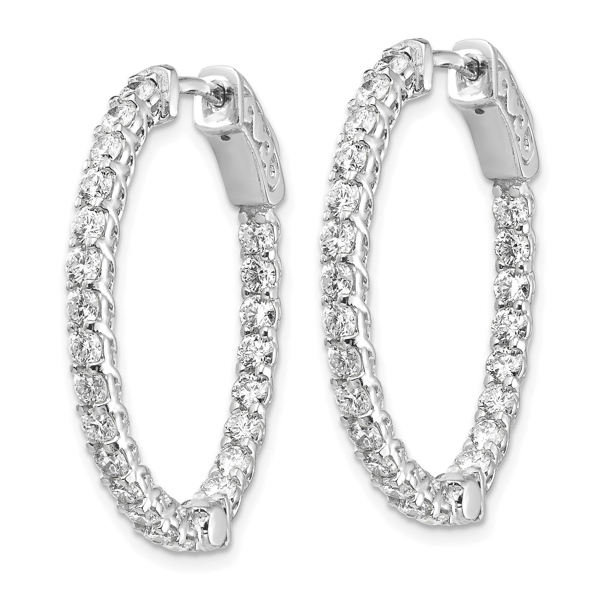 14k White Gold Hoop Earrings with Diamonds, Inside-Out Design, X-Pattern Filigree