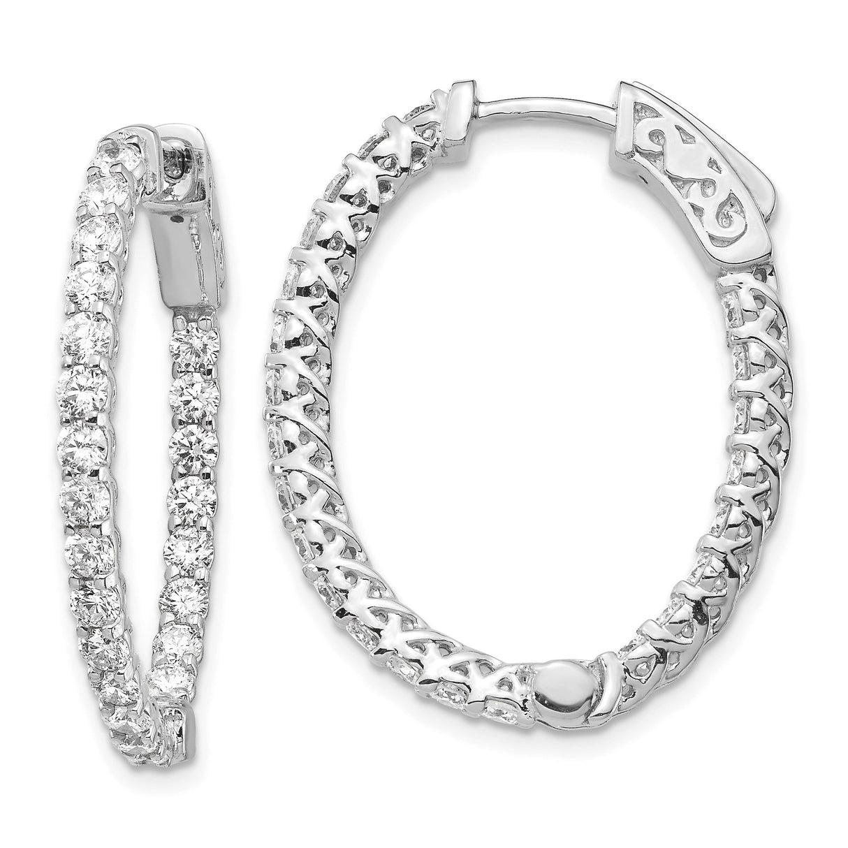 14k White Gold Hoop Earrings with Cubic Zirconia, Inside-Out Design, X-Pattern Filigree