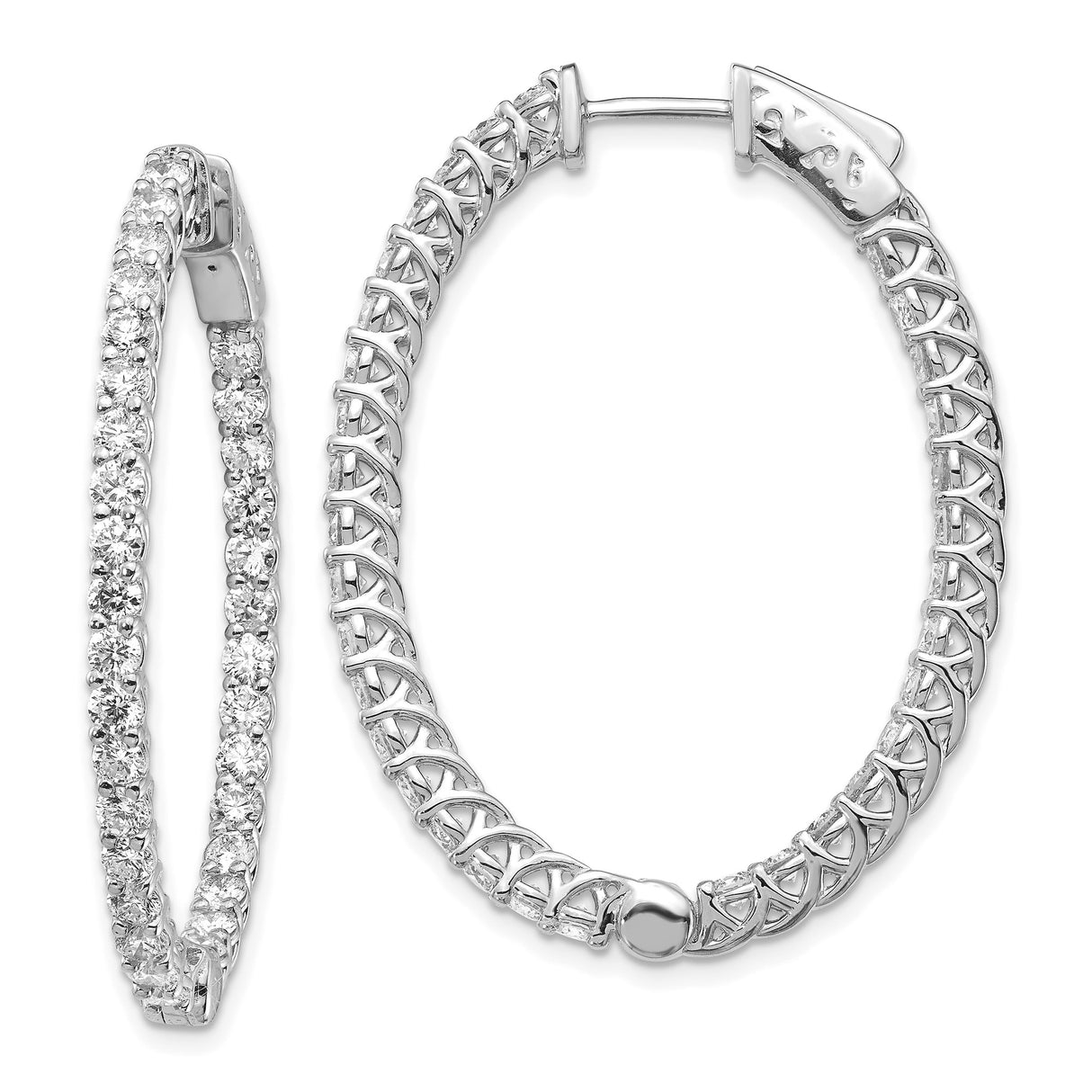 14k White Gold Hoop Earrings with Round Cut Diamonds, Oval Front Facing Design