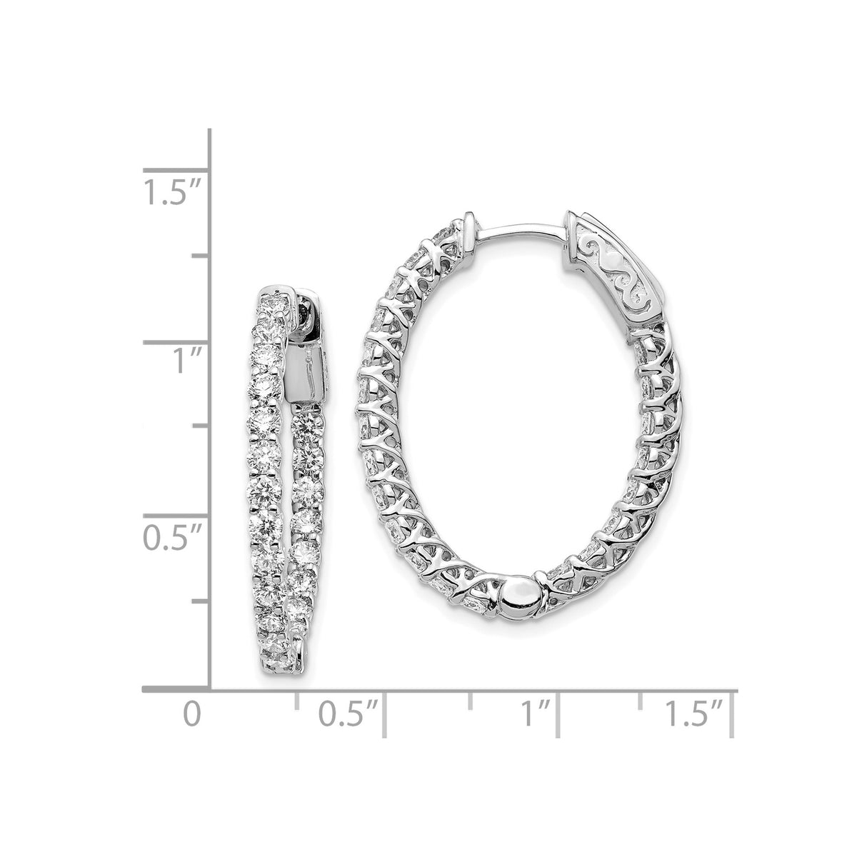 14k White Gold Hoop Earrings with Diamonds, Crisscross Detailing, Oval Inside-Out Design