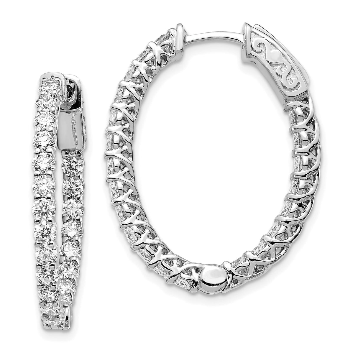 14k White Gold Hoop Earrings with Cubic Zirconia, Crisscross Detailing, Oval Inside-Out Design