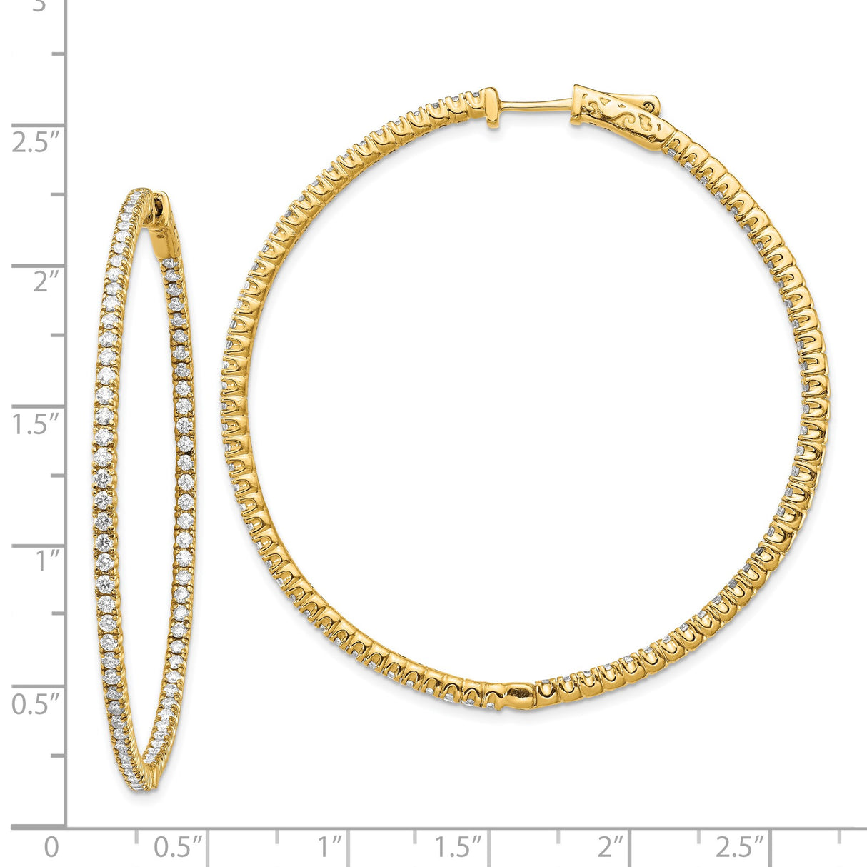 14k Yellow Gold Hoop Earrings with Diamonds, Large Round Cut Shared Prong Setting