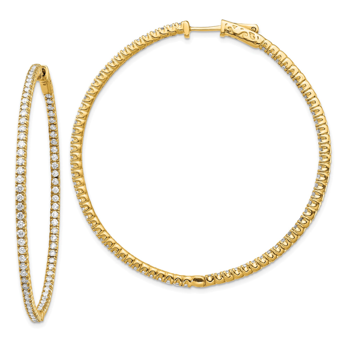 14k Yellow Gold Hoop Earrings with Diamonds, Large Round Cut Shared Prong Setting