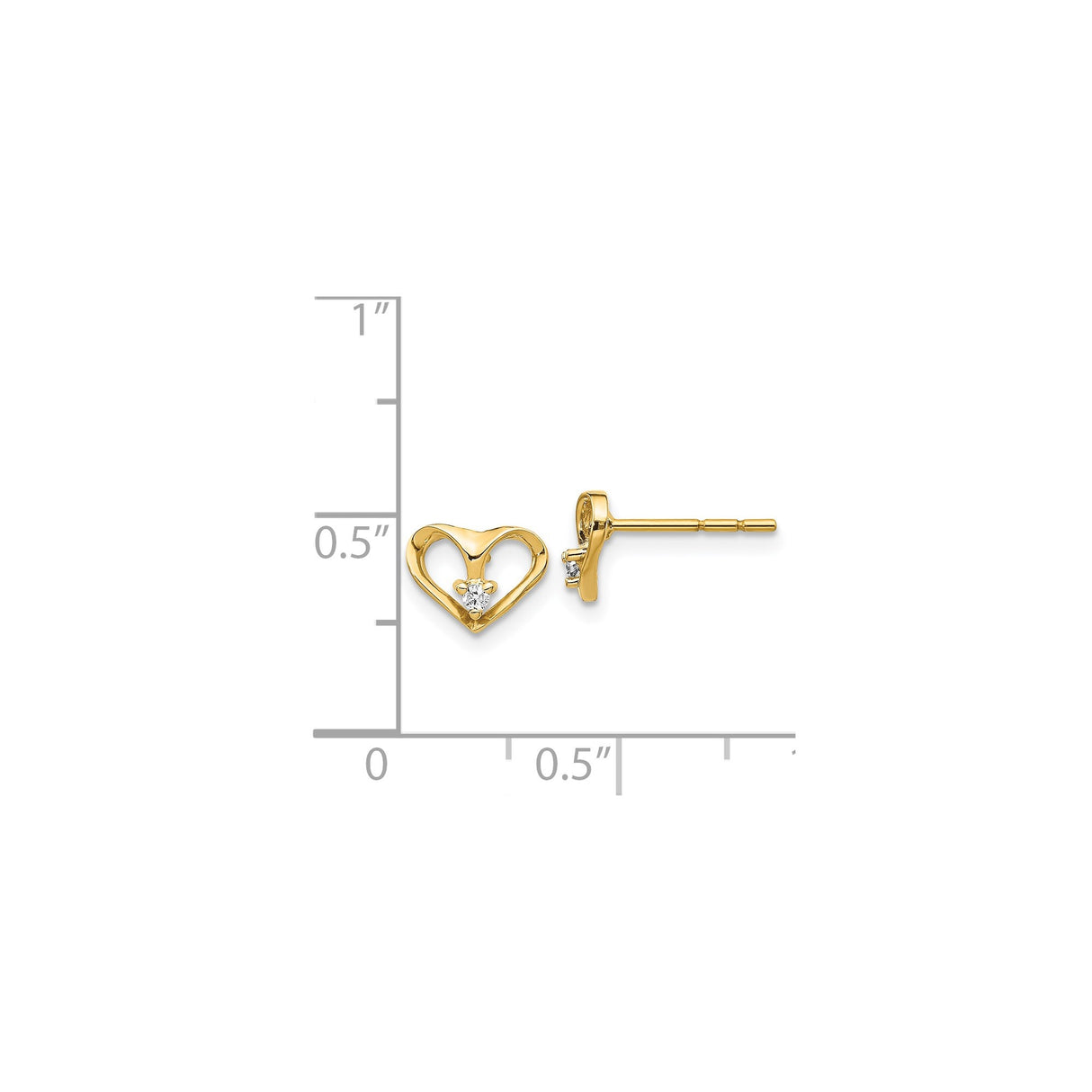 14k Yellow Gold Heart Stud Earrings with Open Design and Diamond Center