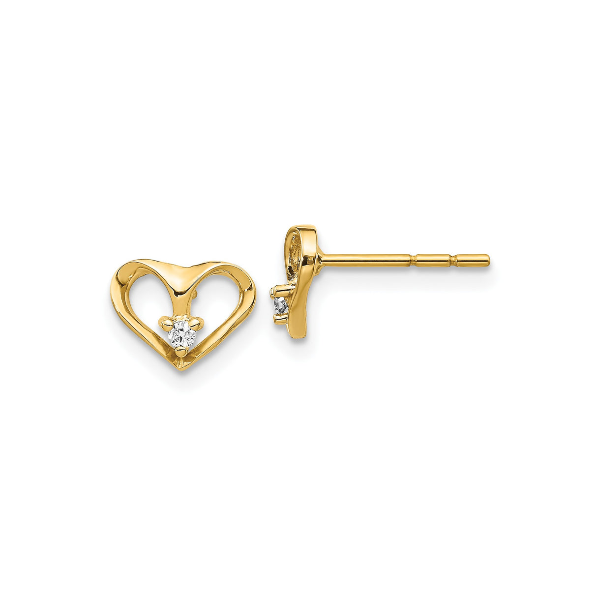 14k Yellow Gold Heart Stud Earrings with Open Design and Diamond Center