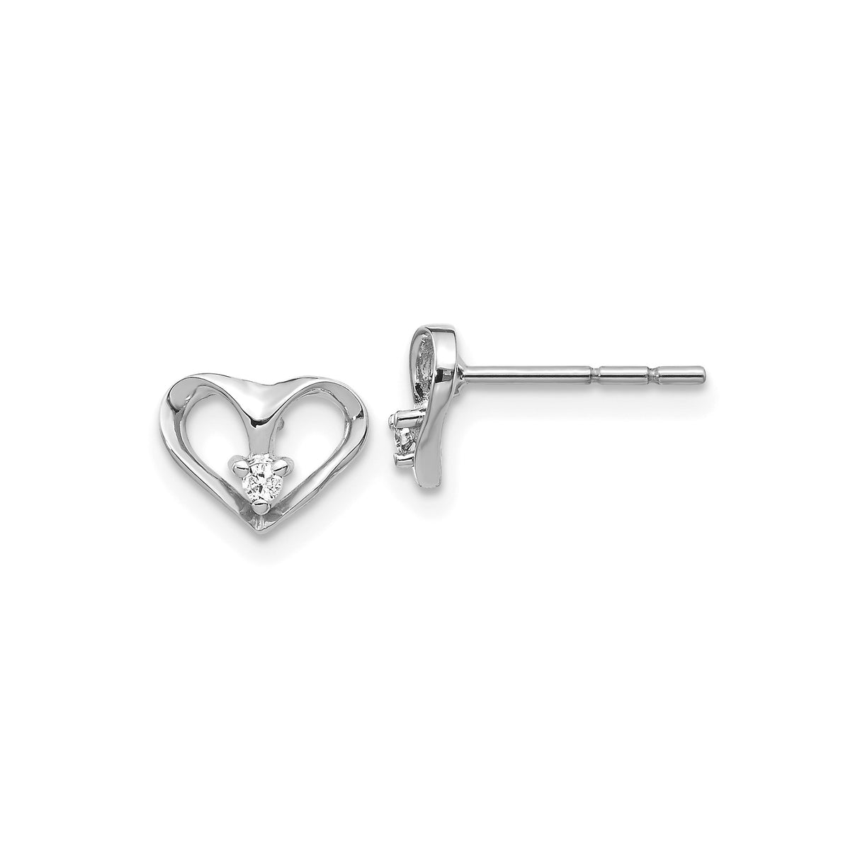 14k White Gold Heart Stud Earrings with Diamond Center, Open Heart Design for Women