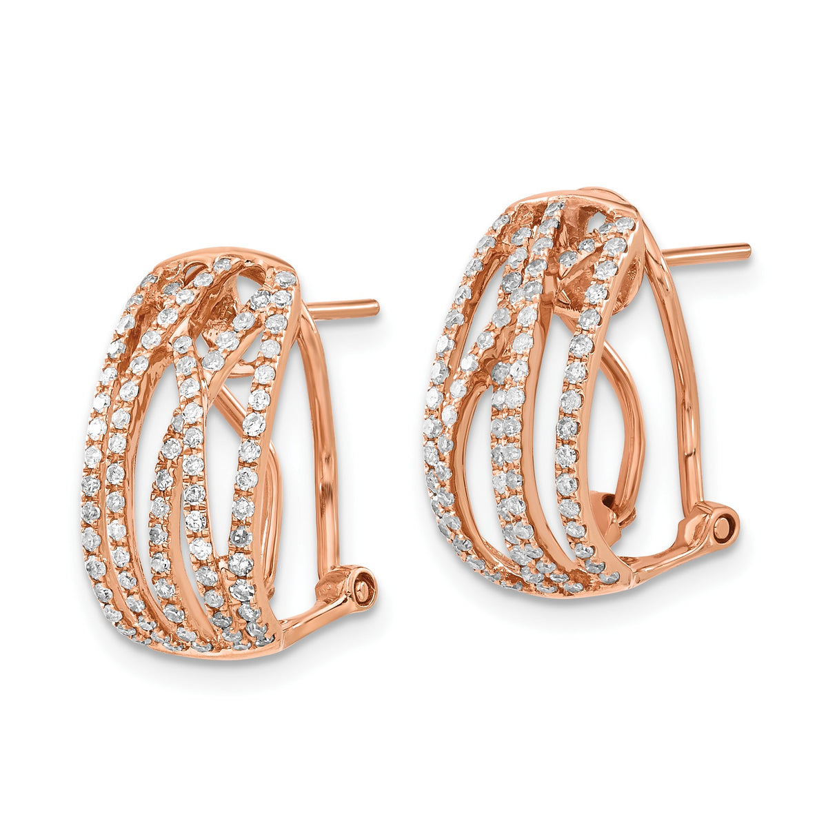 14k Rose Gold Hoop Earrings with Diamond Pavé, Crisscross Openwork, Omega Back