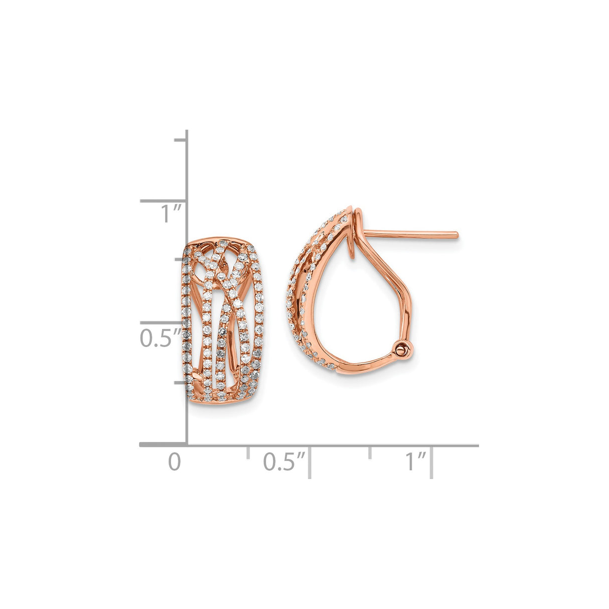 14k Rose Gold Hoop Earrings with Diamond Pavé, Crisscross Openwork, Omega Back