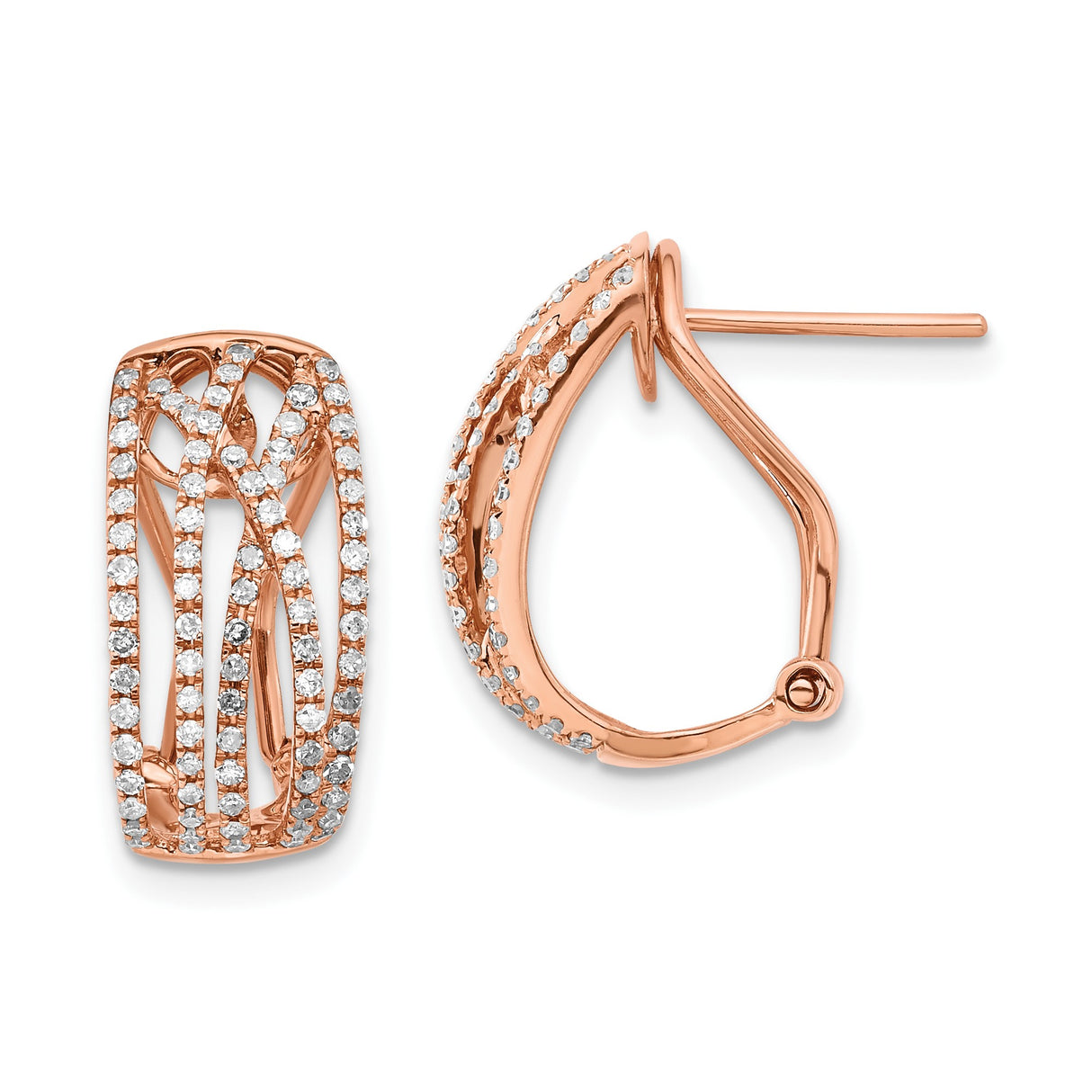 14k Rose Gold Hoop Earrings with Diamond Pavé, Crisscross Openwork, Omega Back