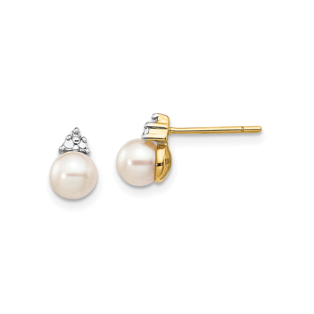 14k Yellow Gold Pearl Stud Earrings with Diamonds, Classic Fine Jewelry for Women