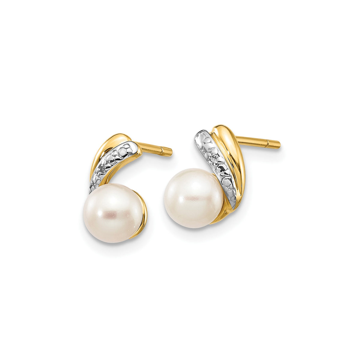 14k Yellow Gold Pearl Stud Earrings with Swirl Design and Diamond Accents