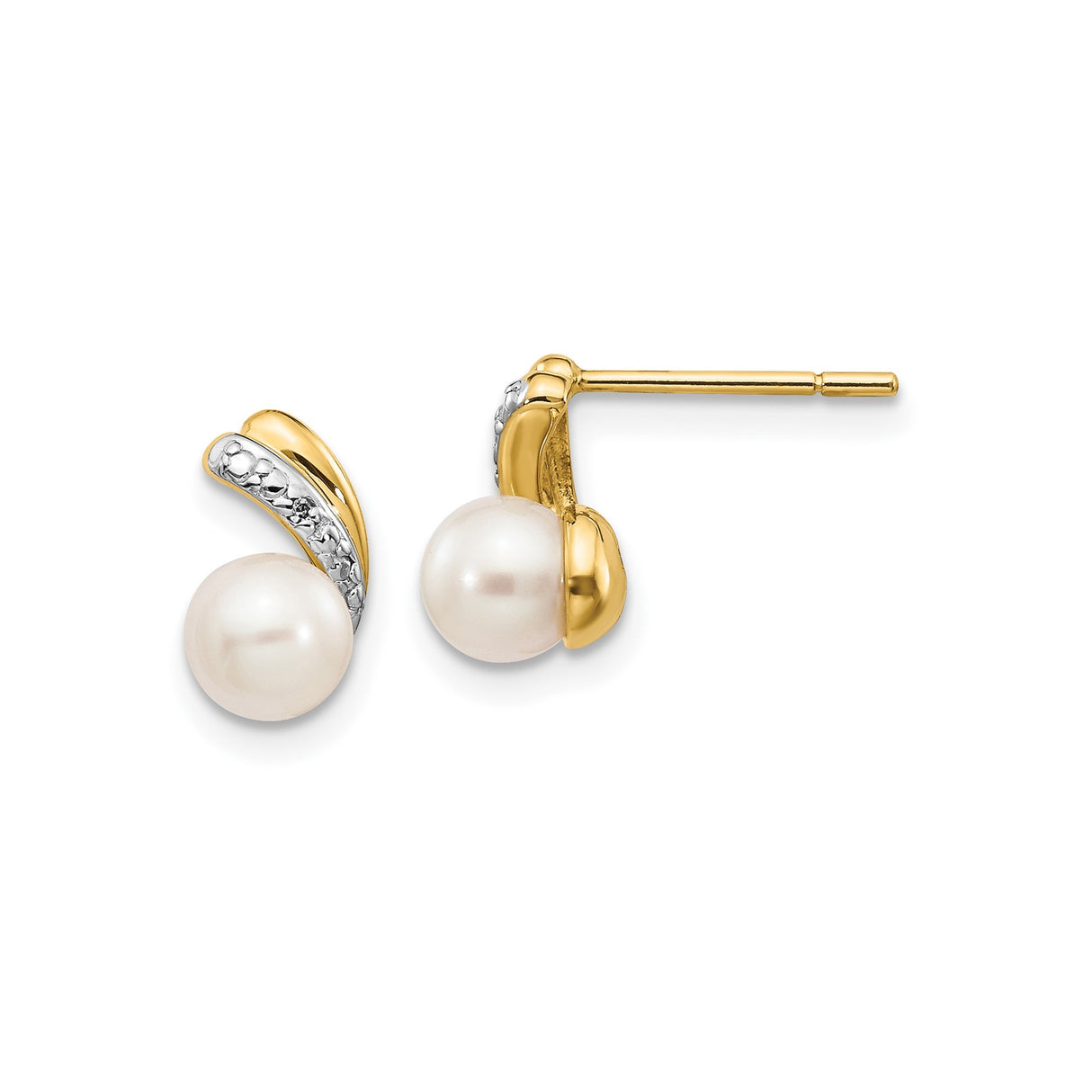 14k Yellow Gold Pearl Stud Earrings with Swirl Design and Diamond Accents